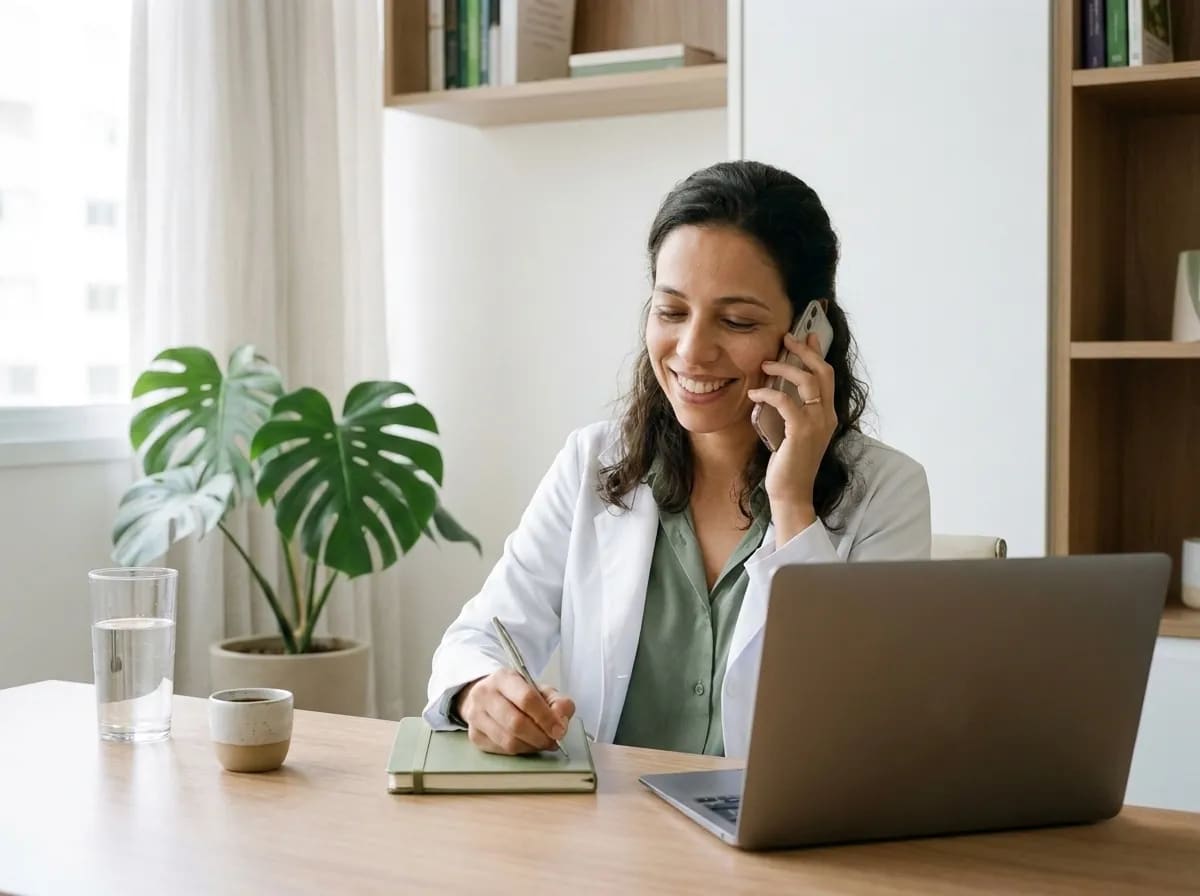 Nutricionista ao telefone na mesa do consultório, anotando o horário combinado com o paciente.