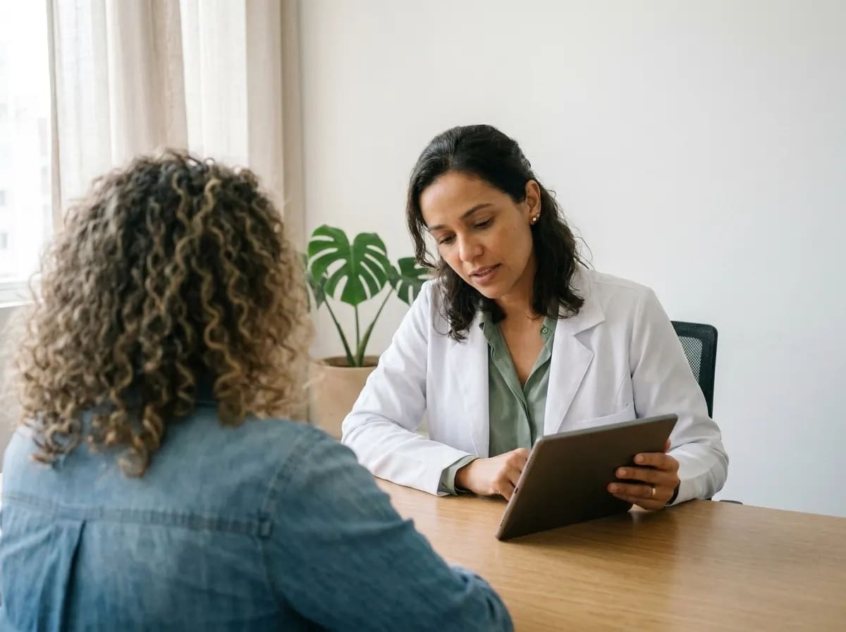 Paciente conta seus hábitos enquanto a nutricionista registra as respostas no tablet.