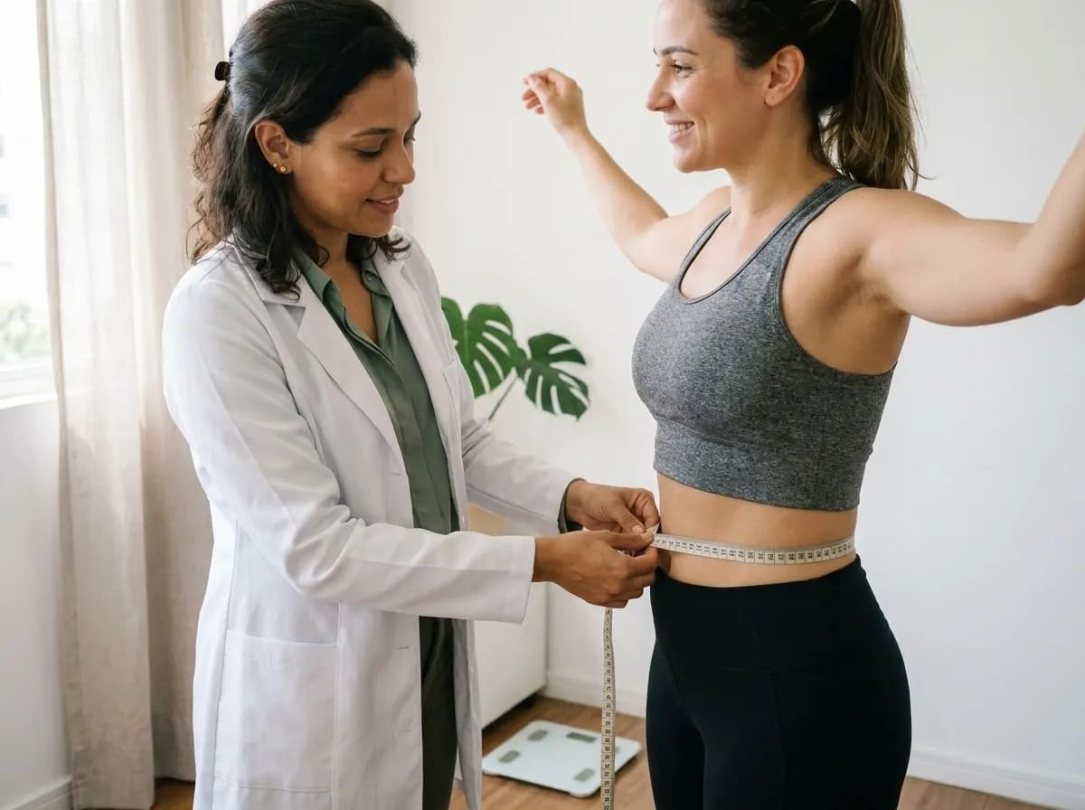 Nutricionista mede a cintura da paciente com uma fita métrica durante a avaliação física.