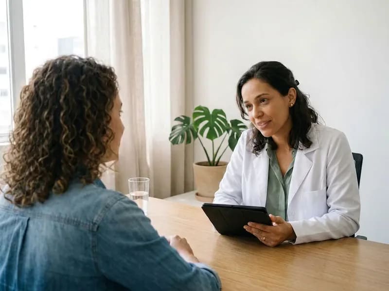 Nutricionista conversa com a paciente durante a consulta, com o tablet na mão.