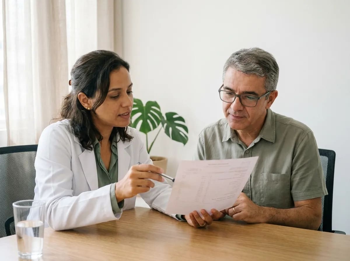 Nutricionista revisa com o paciente os resultados impressos dos exames de sangue.
