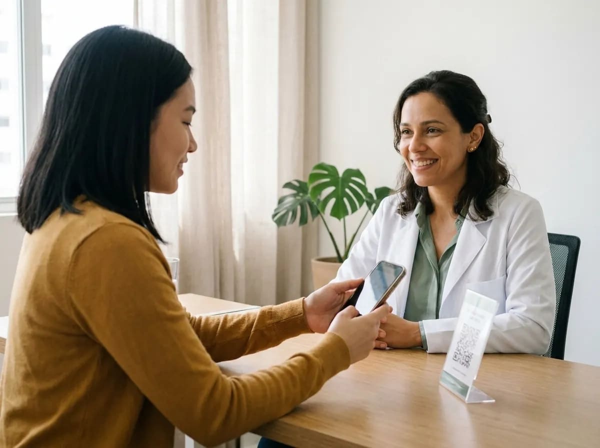 Ao fim da consulta, a paciente paga com o celular enquanto a nutricionista sorri.