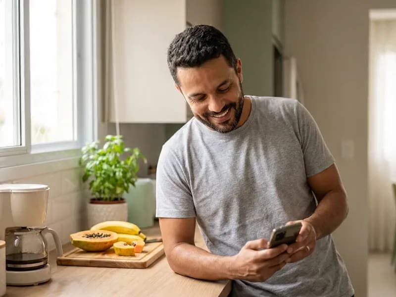 Paciente na cozinha de casa lê no celular o lembrete do retorno e sorri.