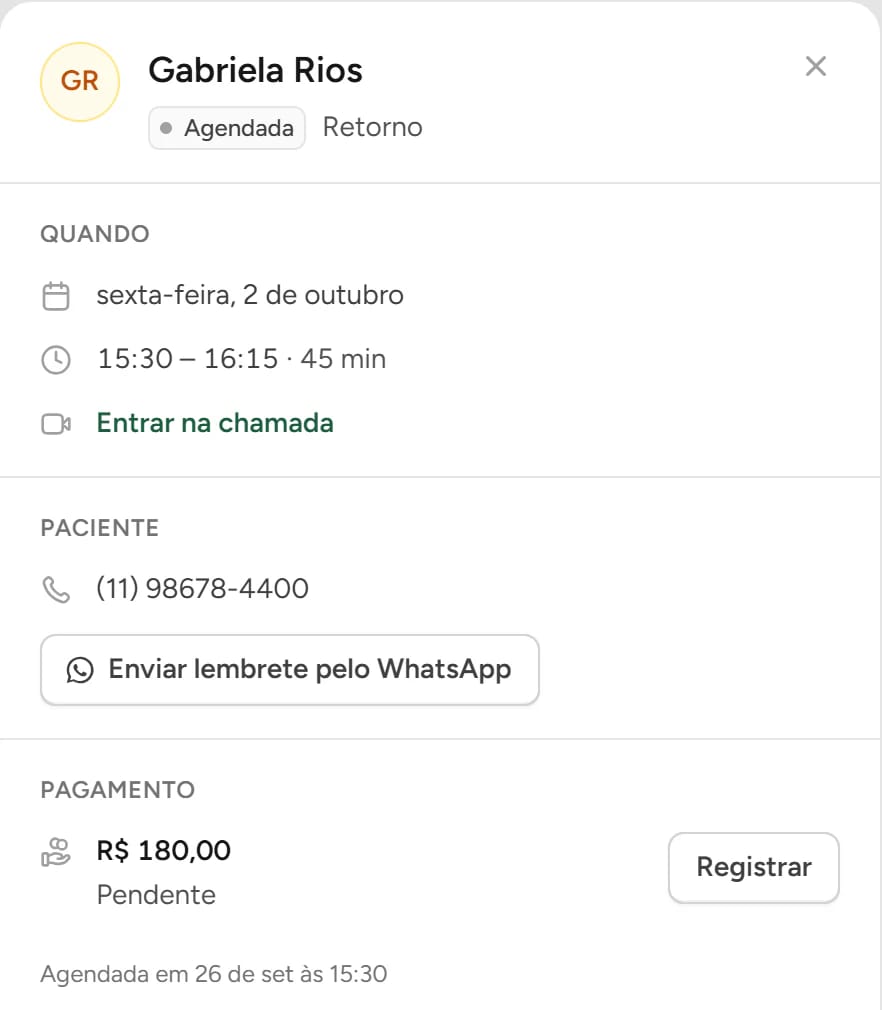 Painel da consulta no Nutridiet: Gabriela Rios, sexta às 15:30, com o botão Enviar lembrete pelo WhatsApp e o pagamento pendente.